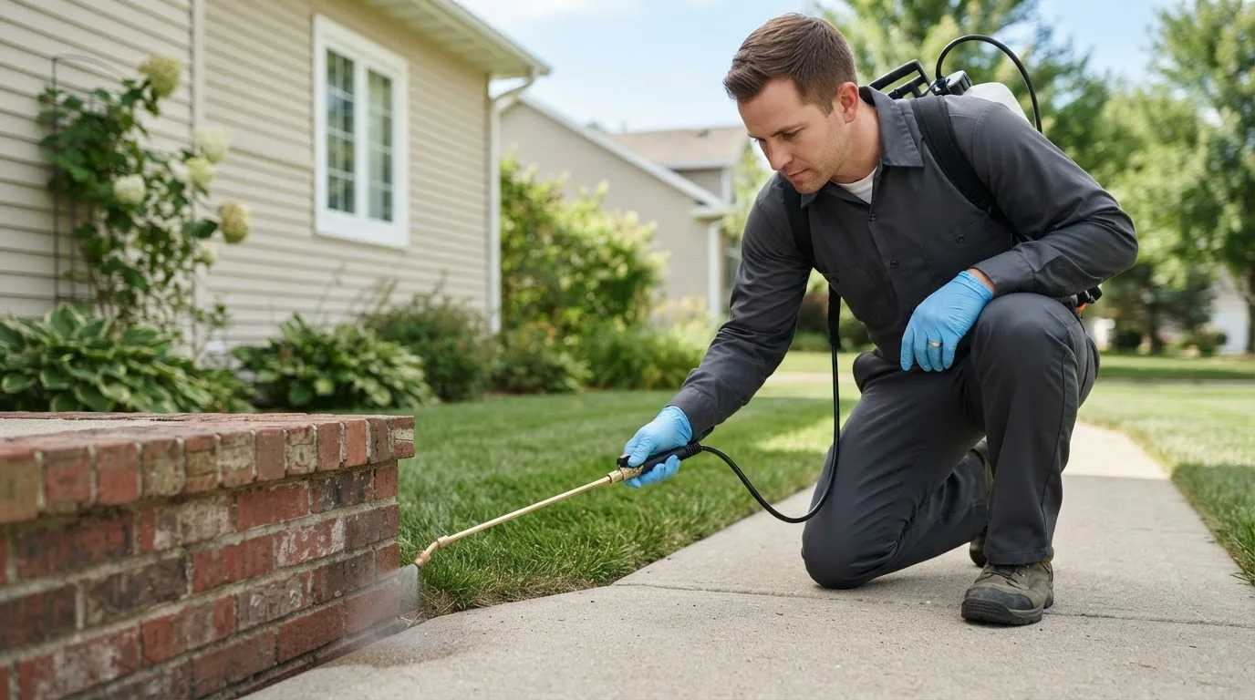 Pest control technician treating a home near Mountain, ND