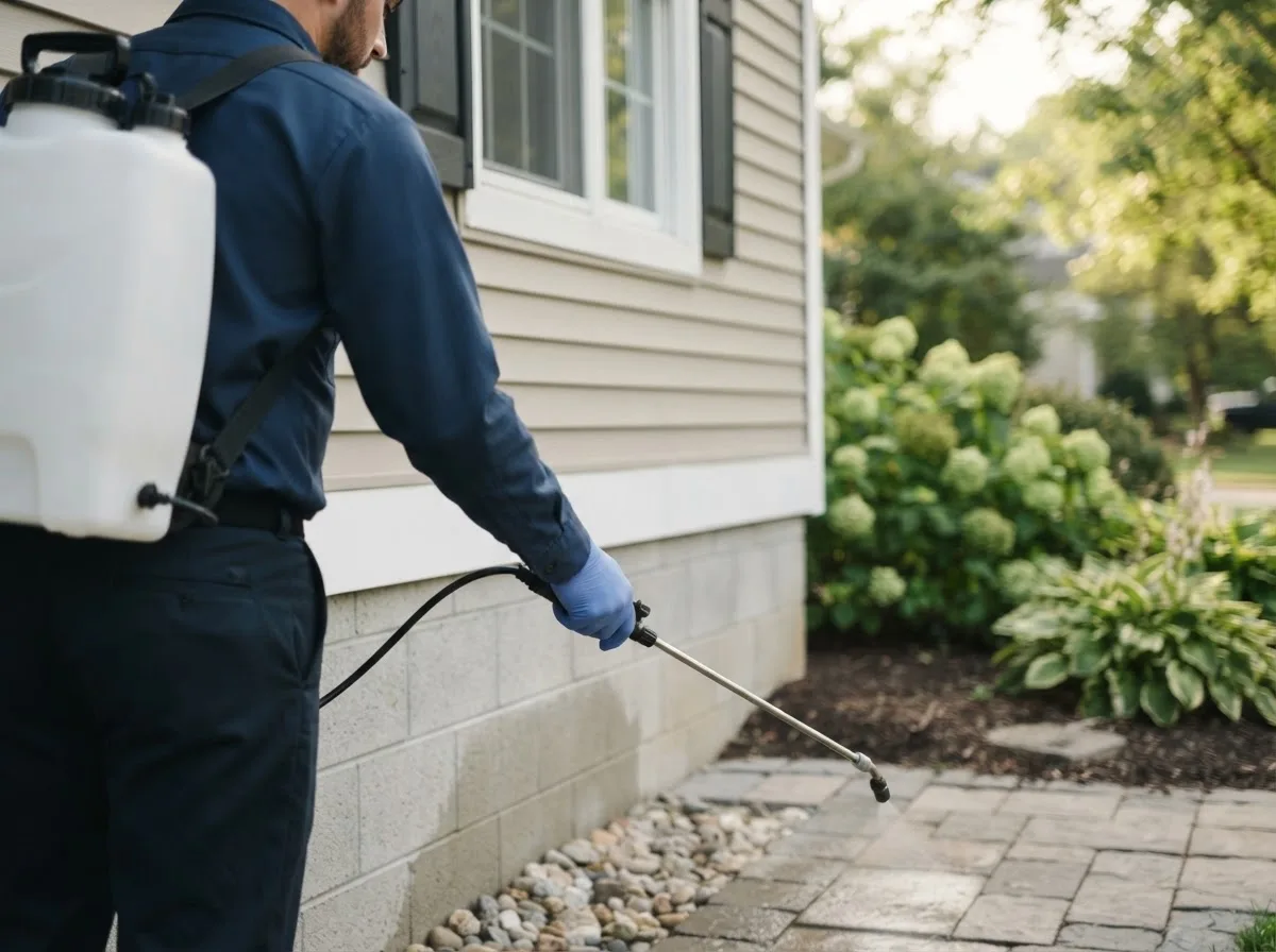 Pest control technician inspecting a home in Mountain, ND